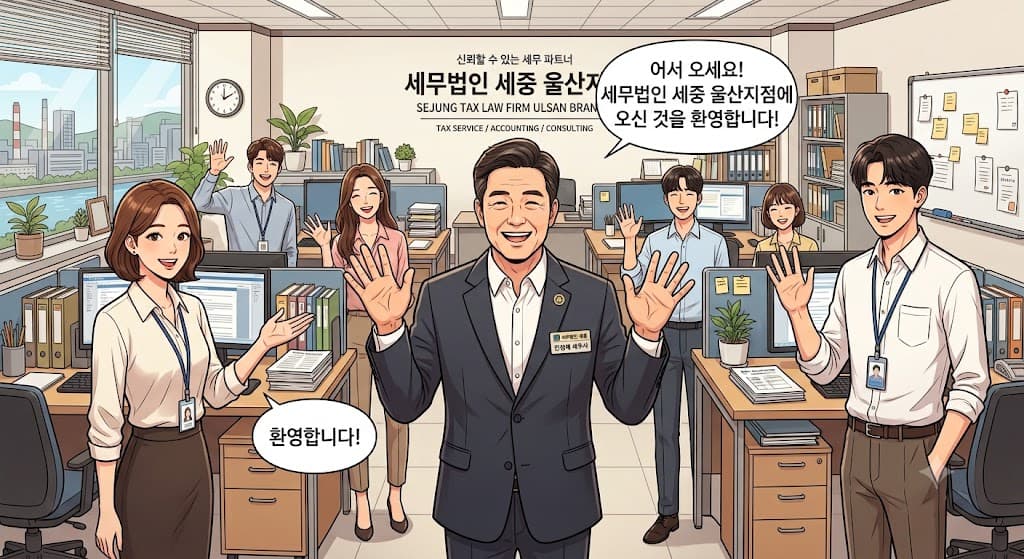 세무법인 세중 울산지점 사무실에서 안성제 세무사와 직원들이 방문객을 환영하며 인사하는 모습