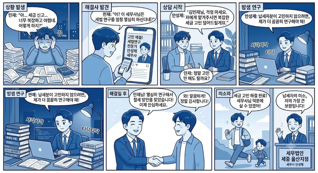 세금 신고가 어려워 고민하던 의뢰인이 안성제 세무사를 찾아 상담하고, 세무사가 밤늦게까지 세법을 연구해 절세 방안을 찾아 전달하자 의뢰인이 만족하며 돌아가는 7컷 만화